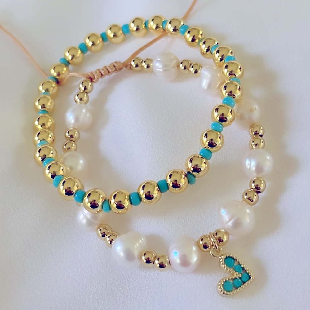 Turquoise Gold Beaded Bracelet Set
